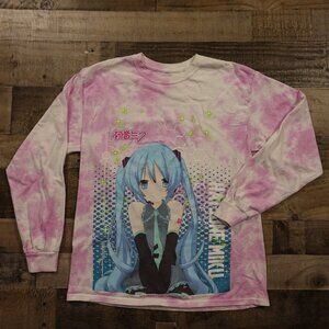 Hatsune Miku Tie-Dye‎ Long Sleeve Graphic Tee Unisex Large Pink White Tie Dye